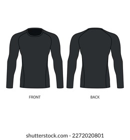 Technical drawing of a men's sweatshirt with a round neck. Vector template of male rash guard front and back view. Long-sleeved sports jersey sketch in stretch fabric.