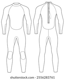 technical drawing of a men's wetsuit with a front zipper closure, Vector illustration design