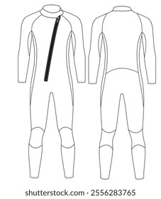 technical drawing of a men's wetsuit with a front zipper closure, Vector illustration design