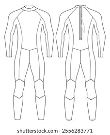 technical drawing of a men's wetsuit with a front zipper closure, Vector illustration design