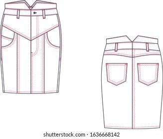 Technical drawing of midi jean skirt. Fashion template.
