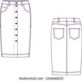 Technical drawing of midi jean skirt. Fashion template.