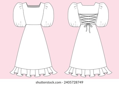 Technical Drawing of Midi Ruffle Dress Puff Sleeve. Flat design vector. Front and back view.