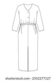 Technical drawing of a mid-length buttoned dress with a waist tie and relaxed sleeves.