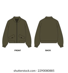 Technical drawing of a military-style zip-up jacket. Short jacket template - bomber, front and back view. Women's short jacket with pockets, olive color.