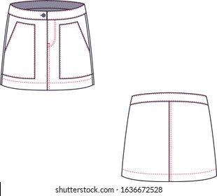 Technical drawing of mini jean skirt. Fashion template.