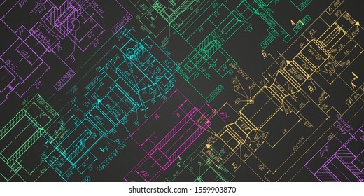 Technical drawing on a black background .Mechanical Engineering drawing . Vector illustration.	