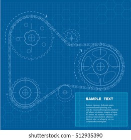 The technical drawing on a blue background