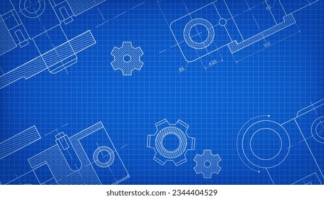 Technical drawing on a gradient background. Abstract schemes, drawings, technologies, machines. Mechanical Engineering drawing. Blueprint. Vector Illustration