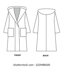 Technical drawing oversized fashionable bathrobe with hood and pockets. Bathrobe pattern vector template.