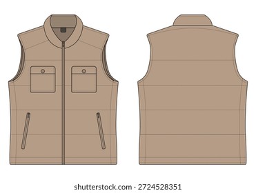 Desenho técnico de colete acolchoado com zíper frente e vista traseira