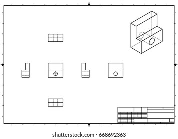Technical Drawing with perspective and orthogonal views with stamp