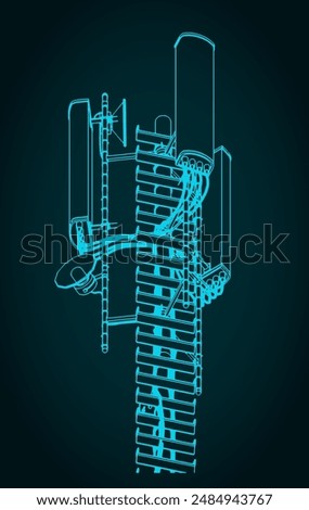 Technical drawing of a сell phone telecommunication tower with repeaters
