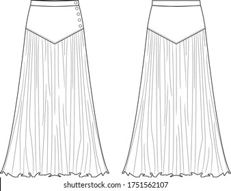 Technical drawing of a pleated skirt with a yoke, waistband and buttons svg