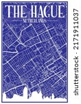 Technical drawing printout city poster with panoramic skyline and hand-drawn streets network on blue background of the downtown THE HAGUE, NETHERLANDS