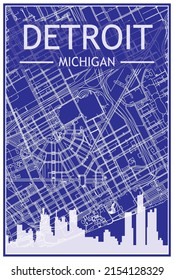 Technical drawing printout city poster with panoramic skyline and streets network on blue background of the downtown DETROIT, MICHIGAN