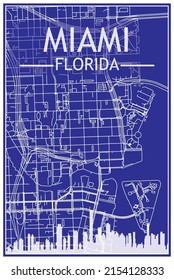 Technical drawing printout city poster with panoramic skyline and streets network on blue background of the downtown MIAMI, FLORIDA