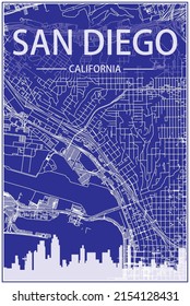 Technical drawing printout city poster with panoramic skyline and streets network on blue background of the downtown SAN DIEGO, CALIFORNIA