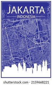 Technical drawing printout city poster with panoramic skyline and streets network on blue background of the downtown JAKARTA, INDONESIA