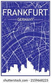 Technical drawing printout city poster with panoramic skyline and streets network on blue background of the downtown FRANKFURT, GERMANY