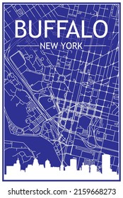 Afiche técnico de la ciudad de dibujo con perfil panorámico y red de calles en el fondo azul del centro de BUFFALO, NUEVA YORK