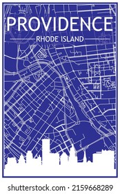 Technical drawing printout city poster with panoramic skyline and streets network on blue background of the downtown PROVIDENCE, RHODE ISLAND