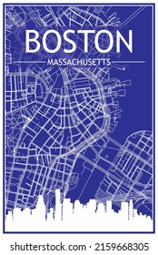 Technical Drawing Printout City Poster With Panoramic Skyline And Streets Network On Blue Background Of The Downtown BOSTON, MASSACHUSETTS