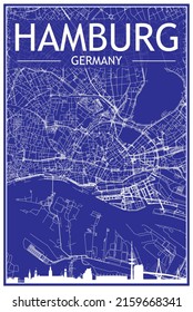 Technical drawing printout city poster with panoramic skyline and streets network on blue background of the downtown HAMBURG, GERMANY