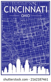 Technical drawing printout city poster with panoramic skyline and hand-drawn streets network on blue background of the downtown CINCINNATI, OHIO