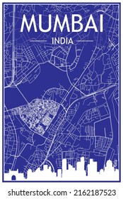 Technical drawing printout city poster with panoramic skyline and hand-drawn streets network on blue background of the downtown MUMBAI, INDIA