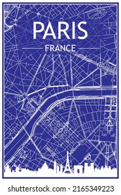 Technical drawing printout city poster with panoramic skyline and hand-drawn streets network on blue background of the downtown PARIS, FRANCE