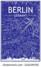 Technical drawing printout city poster with panoramic skyline and hand-drawn streets network on blue background of the downtown BERLIN, GERMANY