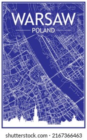 Technical drawing printout city poster with panoramic skyline and hand-drawn streets network on blue background of the downtown WARSAW, POLAND