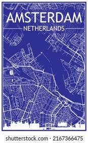 Technical drawing printout city poster with panoramic skyline and hand-drawn streets network on blue background of the downtown AMSTERDAM, NETHERLANDS