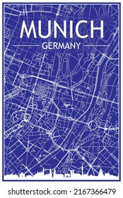 Technical drawing printout city poster with panoramic skyline and hand-drawn streets network on blue background of the downtown MUNICH, GERMANY