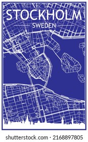 Technical drawing printout city poster with panoramic skyline and hand-drawn streets network on blue background of the downtown STOCKHOLM, SWEDEN