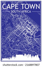 Technical drawing printout city poster with panoramic skyline and hand-drawn streets network on blue background of the downtown CAPE TOWN, SOUTH AFRICA