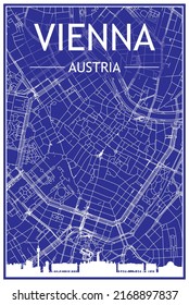 Technical drawing printout city poster with panoramic skyline and hand-drawn streets network on blue background of the downtown VIENNA, AUSTRIA