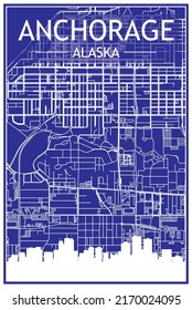 Technical drawing printout city poster with panoramic skyline and hand-drawn streets network on blue background of the downtown ANCHORAGE, ALASKA