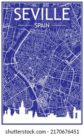 Technical drawing printout city poster with panoramic skyline and hand-drawn streets network on blue background of the downtown SEVILLE, SPAIN