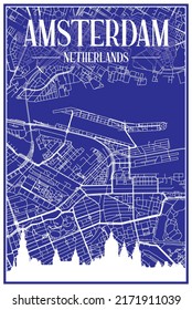 Technical drawing printout city poster with panoramic skyline and hand-drawn streets network on blue background of the downtown AMSTERDAM, NETHERLANDS