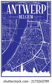 Technical drawing printout city poster with panoramic skyline and hand-drawn streets network on blue background of the downtown ANTWERP, BELGIUM