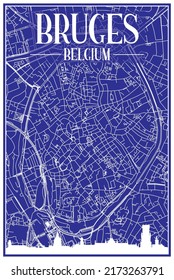 Technical drawing printout city poster with panoramic skyline and hand-drawn streets network on blue background of the downtown BRUGES, BELGIUM
