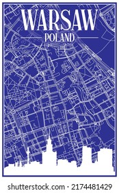 Technical drawing printout city poster with panoramic skyline and hand-drawn streets network on blue background of the downtown WARSAW, POLAND