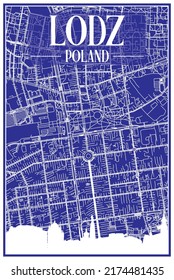Technical drawing printout city poster with panoramic skyline and hand-drawn streets network on blue background of the downtown LODZ, POLAND