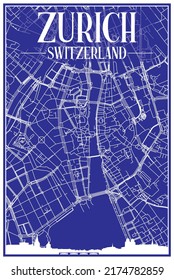 Technical drawing printout city poster with panoramic skyline and hand-drawn streets network on blue background of the downtown ZURICH, SWITZERLAND