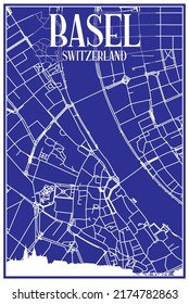 Technical drawing printout city poster with panoramic skyline and hand-drawn streets network on blue background of the downtown BASEL, SWITZERLAND