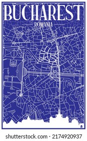 Technical drawing printout city poster with panoramic skyline and hand-drawn streets network on blue background of the downtown BUCHAREST, ROMANIA