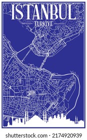 Technical drawing printout city poster with panoramic skyline and hand-drawn streets network on blue background of the downtown ISTANBUL, TURKEY