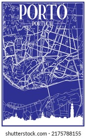 Technical drawing printout city poster with panoramic skyline and hand-drawn streets network on blue background of the downtown PORTO, PORTUGAL